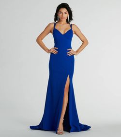 Style 05002-8194 Windsor Blue Size 0 V Neck Padded Flare Side slit Dress on Queenly