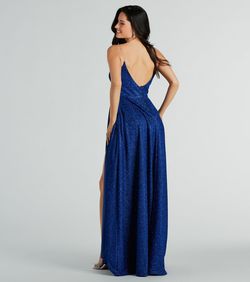 Style 05002-8021 Windsor Blue Size 2 Spaghetti Strap V Neck Floor Length Bridesmaid Side slit Dress on Queenly