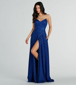 Style 05002-8021 Windsor Blue Size 2 Padded Prom Floor Length V Neck Side slit Dress on Queenly
