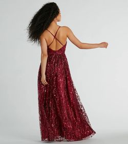 Style 05002-7786 Windsor Red Size 4 Sheer Plunge Satin Floor Length Side slit Dress on Queenly