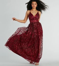 Style 05002-7786 Windsor Red Size 4 Sheer Plunge Satin Floor Length Side slit Dress on Queenly
