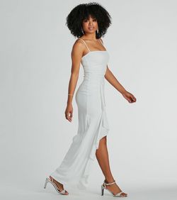 Style 05002-8344 Windsor White Size 0 Ruffles Custom Floor Length Side slit Dress on Queenly