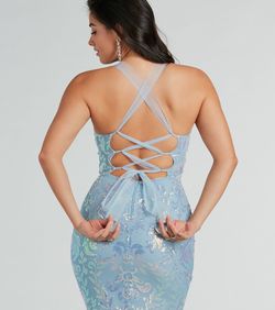 Style 05002-7941 Windsor Blue Size 12 05002-7941 Floor Length Tulle Sheer Mermaid Dress on Queenly