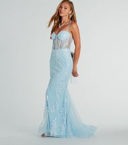 Style 05005-0127 Windsor Blue Size 12 Sequined Floor Length Sheer Mermaid Dress on Queenly