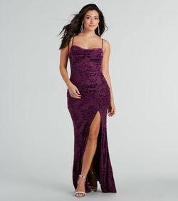 Style 05002-7799 Windsor Purple Size 8 Velvet Sheer Prom Side slit Dress on Queenly