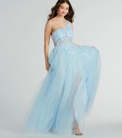 Style 05005-0123 Windsor Blue Size 0 Satin Tulle Sheer Side slit Dress on Queenly