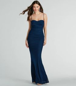 Style 05002-8481 Windsor Blue Size 0 Military Sheer Floor Length Mermaid Dress on Queenly