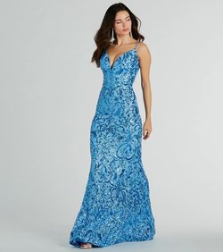 Style 05002-7956 Windsor Blue Size 4 Tall Height Padded Sequined Spaghetti Strap Mermaid Dress on Queenly