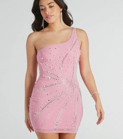 Style 05103-5384 Windsor Pink Size 4 Sheer Sorority One Shoulder Cocktail Dress on Queenly