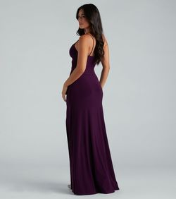 Style 05002-7795 Windsor Purple Size 4 Tall Height A-line Spaghetti Strap Side slit Dress on Queenly