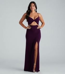 Style 05002-7795 Windsor Purple Size 12 05002-7795 Prom Spaghetti Strap Jersey Side slit Dress on Queenly