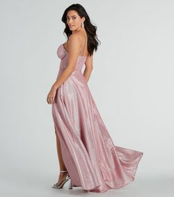 Style 05002-7990 Windsor Pink Size 0 Quinceanera Floor Length Corset V Neck Side slit Dress on Queenly