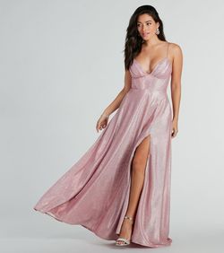 Style 05002-7990 Windsor Pink Size 4 Shiny Prom Floor Length Pockets Side slit Dress on Queenly