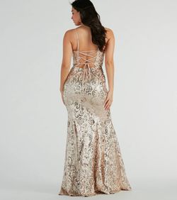Style 05002-8412 Windsor Gold Size 4 Sequined Jersey Wedding Guest Spaghetti Strap Side slit Dress on Queenly