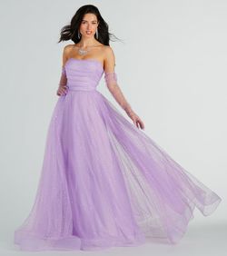 Style 05004-0206 Windsor Purple Size 4 Tulle Shiny Ball Gown Strapless Jersey Straight Dress on Queenly