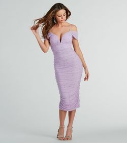 Style 05001-2117 Windsor Purple Size 4 Jersey Sheer Prom Side slit Dress on Queenly