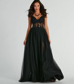 Style 05002-8027 Windsor Black Size 4 Floor Length 05002-8027 Corset V Neck Sheer Straight Dress on Queenly