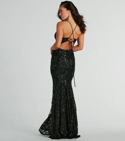 Style 05002-8045 Windsor Black Size 12 Jersey Tall Height Embroidery Sequined Spaghetti Strap Mermaid Dress on Queenly