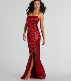 Style 05002-8284 Windsor Red Size 4 Padded Wedding Guest Tall Height Backless Side slit Dress on Queenly
