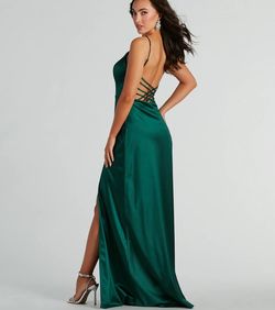 Style 05002-8068 Windsor Green Size 2 Wedding Guest Satin 05002-8068 V Neck Side slit Dress on Queenly