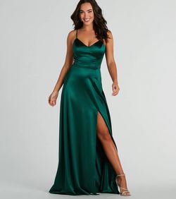 Style 05002-8068 Windsor Green Size 2 Wedding Guest Satin 05002-8068 V Neck Side slit Dress on Queenly