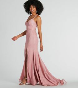 Style 05002-7967 Windsor Pink Size 0 Sweet 16 Tall Height V Neck Shiny Side slit Dress on Queenly