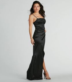 Style 05002-8246 Windsor Black Size 0 Shiny Bridesmaid Tall Height Satin Prom Side slit Dress on Queenly