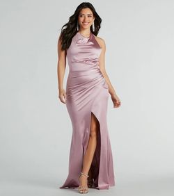 Style 05002-8249 Windsor Pink Size 0 Tall Height Party Halter Jersey Side slit Dress on Queenly