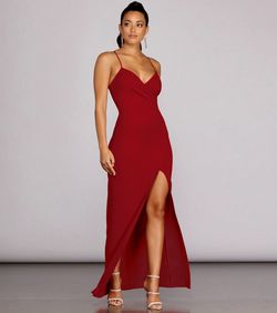 Style 05002-6197 Windsor Red Size 4 Prom Plunge Floor Length Spaghetti Strap Side slit Dress on Queenly