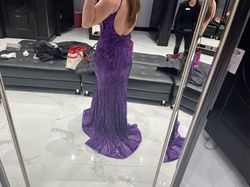Jovani Purple Size 6 Prom Free Shipping Plunge Jersey Straight Dress on Queenly