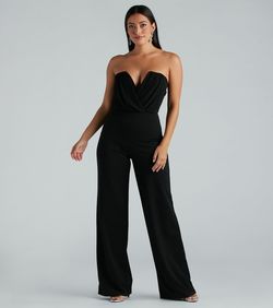Style 06502-2386 Windsor Black Size 8 Sheer Plunge V Neck Floor Length Jumpsuit Dress on Queenly