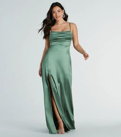 Style 05002-8096 Windsor Green Size 4 Satin Party Bridesmaid Floor Length Side slit Dress on Queenly