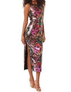 Style 1-1057528575-2696 Misa Los Angeles Pink Size 12 High Neck Side Slit Print Cocktail Dress on Queenly