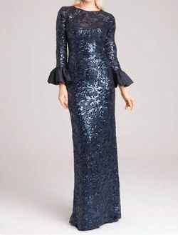 Style 1-1788680406-2168 Teri Jon Blue Size 8 Sequined Floor Length Black Tie Navy Straight Dress on Queenly