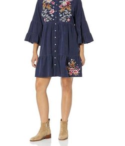 Style 1-2222513285-2901 Johnny Was Blue Size 8 Embroidery Sleeves Sorority Rush Sorority Floral Cocktail Dress on Queenly