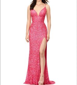 Style 11037 Ashley Lauren Hot Pink Size 6 Spaghetti Strap Barbiecore Plunge Prom Side slit Dress on Queenly