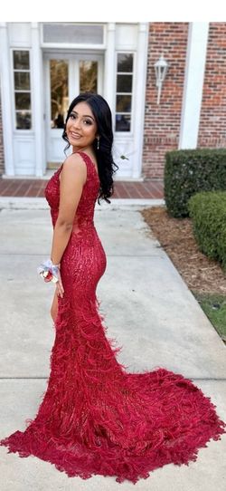 Style PS21228 Portia and Scarlett Red Size 00 Sheer Prom Lace Ps21228 Side slit Dress on Queenly