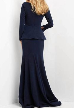 Style 1-586896556-1498 JOVANI Blue Size 4 Tall Height Sleeves Black Tie Straight Dress on Queenly