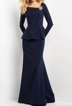 Style 1-586896556-1498 JOVANI Blue Size 4 Tall Height Sleeves Black Tie Straight Dress on Queenly