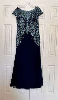 Style 216691 Cameron Blake Blue Size 14 Embroidery Boat Neck Military A-line Dress on Queenly
