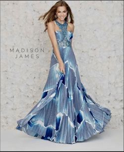 Style 20054 Madison James Blue Size 0 High Neck Floor Length Pageant 70 Off A-line Dress on Queenly