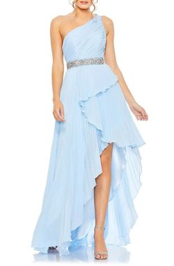 Mac Duggal Blue Size 4 Floor Length One Shoulder Side slit Dress on Queenly