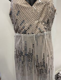 Style LJP4239 Luxxxel Nude Size 12 Sheer Sequined Plus Size Straight Dress on Queenly