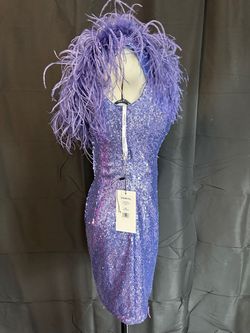 Sherri Hill Purple Size 8 Tall Height Shiny Feather Cocktail Dress on Queenly