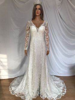 Style 2128b Savoys White Size 6 50 Off Long Sleeve Floor Length Mermaid Dress on Queenly