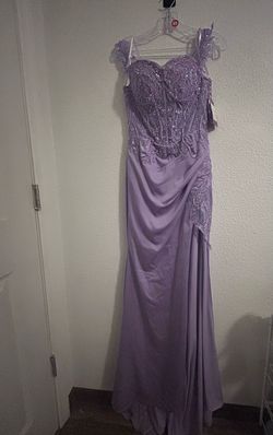 Style 90176 Abby Paris Purple Size 6 90176 Floor Length Side slit Dress on Queenly