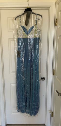 Style 16802 La Femme Blue Size 10 Plunge 16802 Floor Length A-line Dress on Queenly