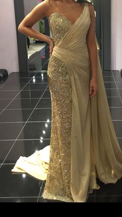 Jovani Couture Gold Size 6 Jersey Tall Height Straight Dress on Queenly