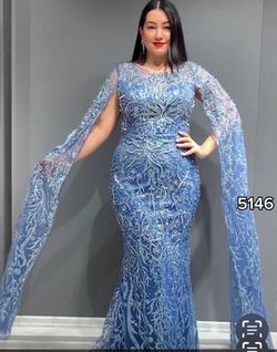 Feiro Blue Size 10 Sleeves Tulle Long Sleeve Floor Length Mermaid Dress on Queenly
