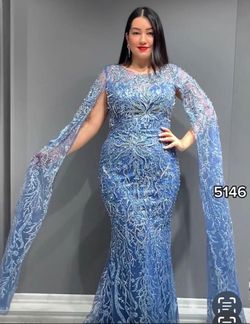 FIERO Blue Size 8 Tulle Long Sleeve Floor Length Mermaid Dress on Queenly